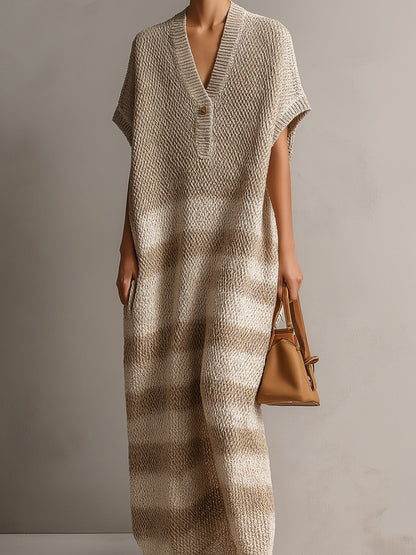 Chic Elegant Light Camel-Beige Colorblock V-Neck Button-Front Short-Sleeve Oversize Knit Maxi Dress