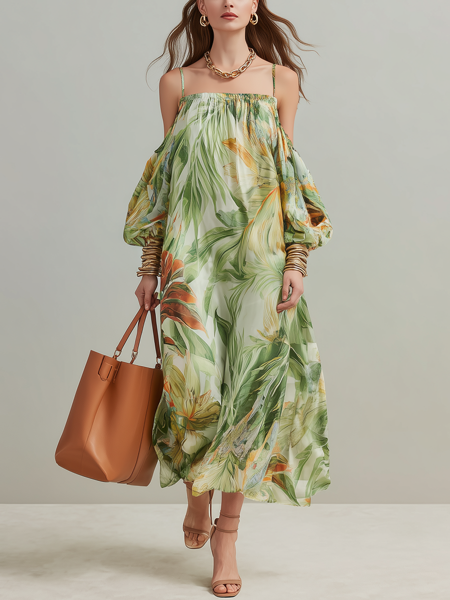 Robe longue à épaules dénudées imprimé végétal Statement