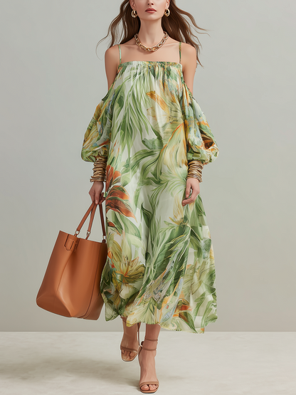 Robe longue à épaules dénudées imprimé végétal Statement