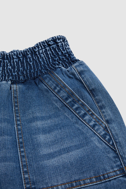 Wash Patch Pocket Tie Front Shirred High Rise Wide Leg Jeans