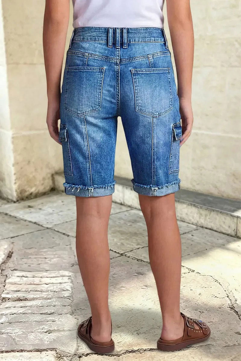 Raw Hem Stitch Detail Mid Waist Denim Cargo Bermuda Shorts