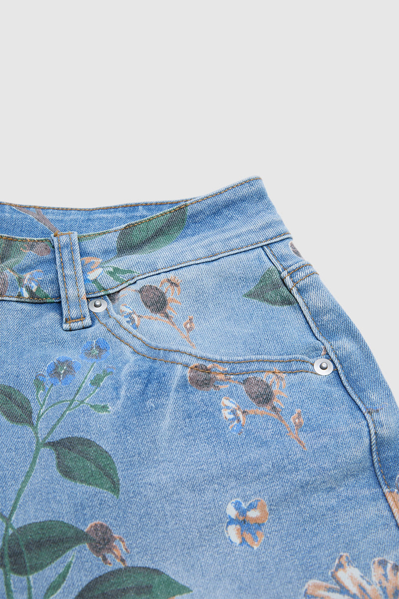 Wash Floral Print Flap Pocket Mid Rise Barrel Leg Crop Jeans