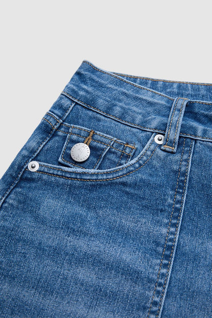 Wash Split Mid Waist Denim Mid Thigh Shorts Without Belt