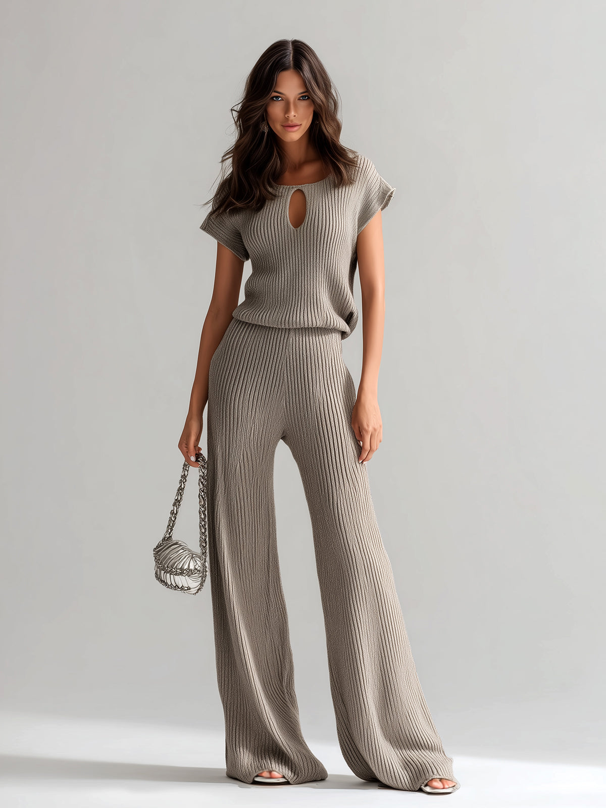 Chic Vintage Light Brown U-Neck Cutout Details Short-Sleeve Loose-Fit Top And Wide-Leg Pants Ribbed Knit Two-Piece Set