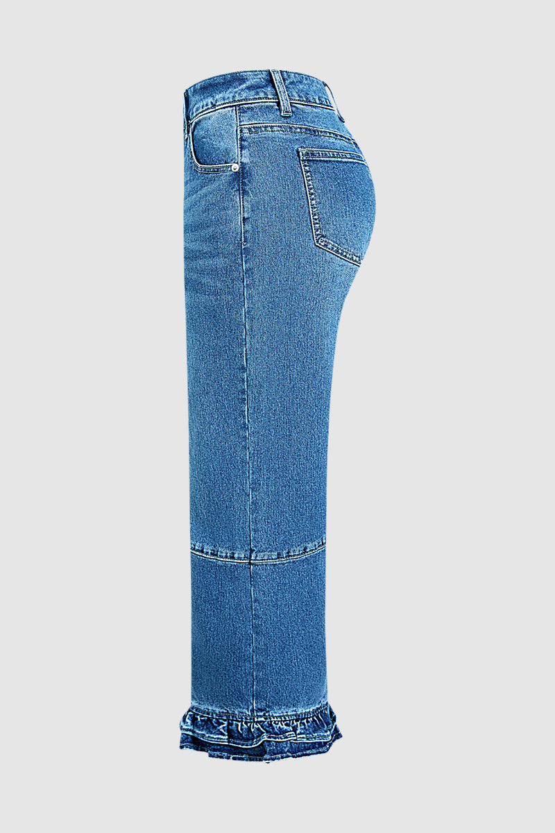 Wash Stitch Detail Ruffle Hem High Rise Wide Leg Crop Jeans Without Belt