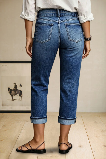 Roll Hem Dual Button High Waist Straight Leg Capri Jeans