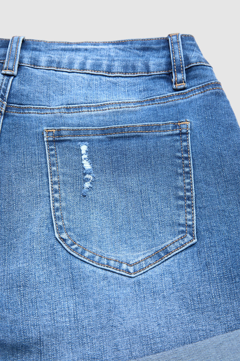 Wash Ripped Roll Hem Drawstring Mid Rise Denim Shorts
