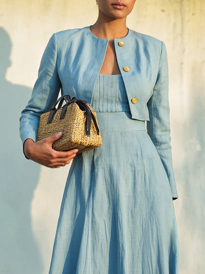 Ensemble robe midi en coton, manches longues, col rond, unie, boutonnée, style vintage français, bleue