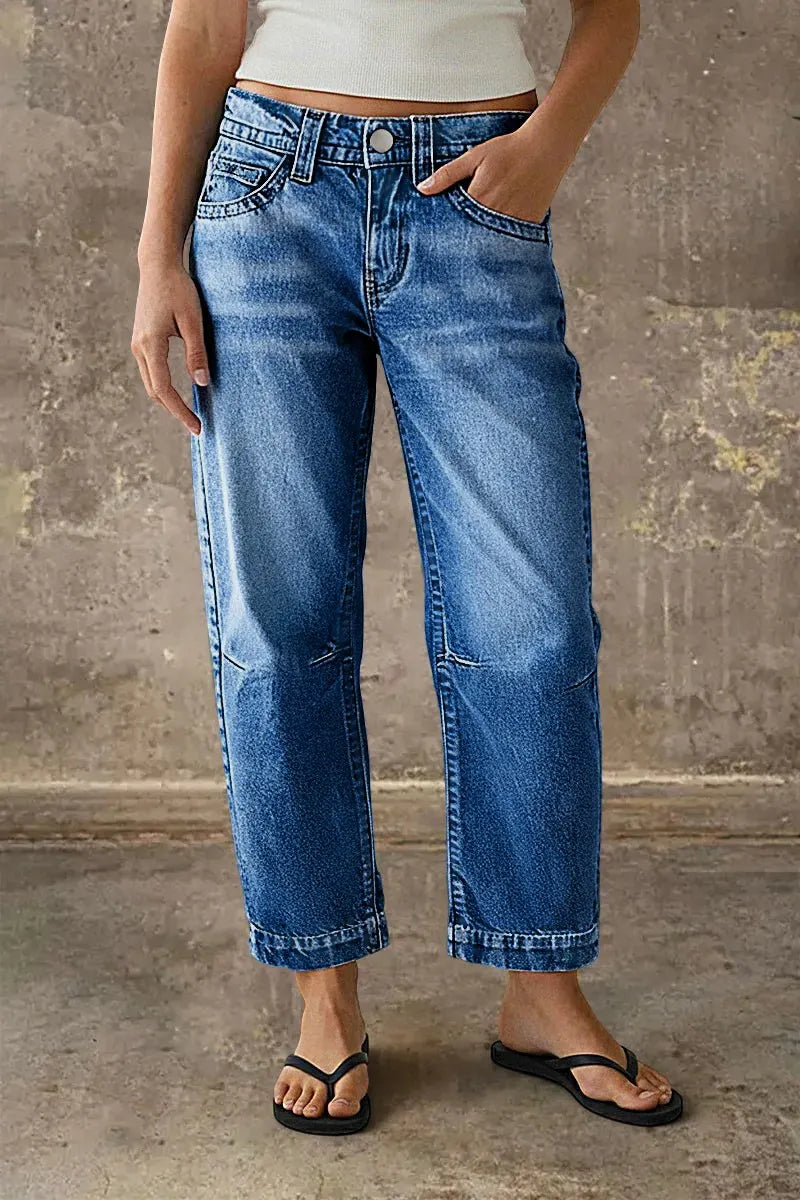 Stitch Detail Mid Waist Straight Leg Crop Jeans