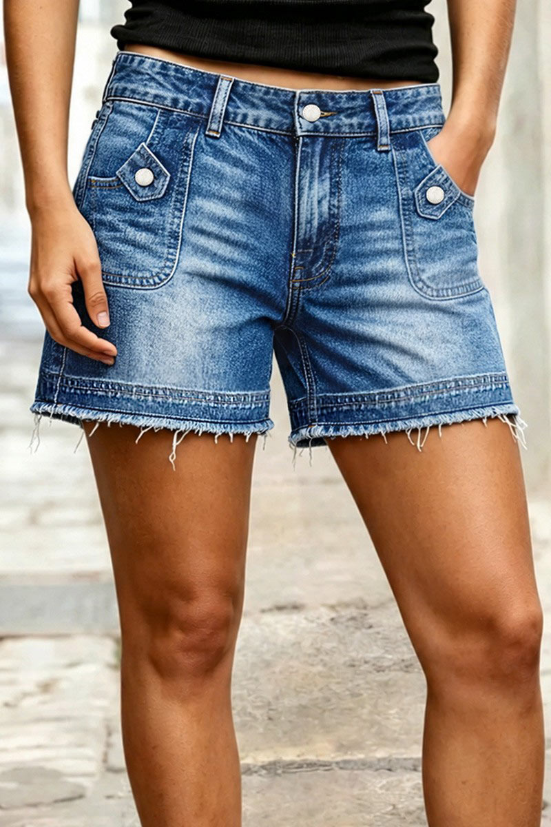 Wash Raw Hem Patch Pocket Mid Rise Denim Shorts