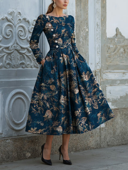 Robe midi en lin, manches longues, col en V, motif floral, boutonnée, style vintage, bleu foncé