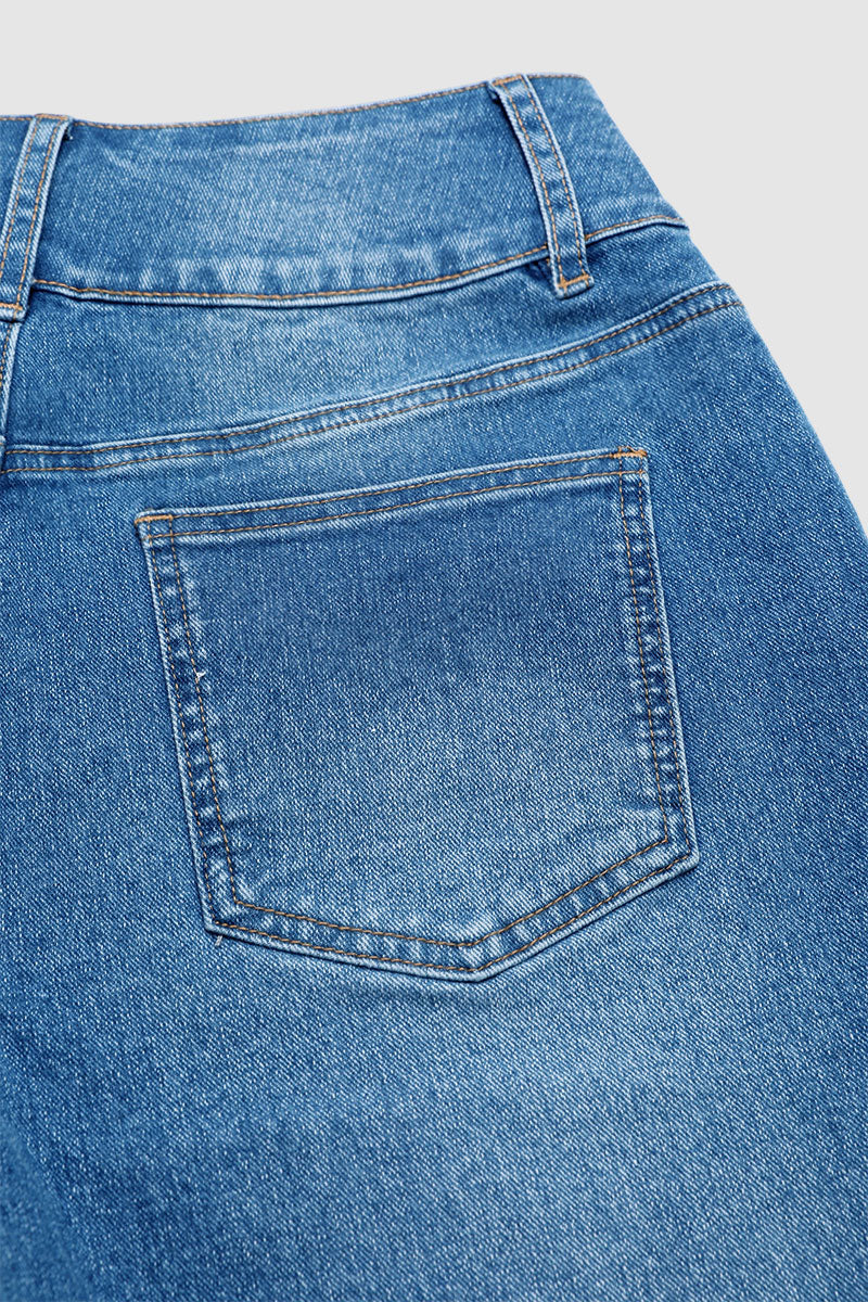 Asymmetrical Button Fly Mid Waist Denim Mid Thigh Shorts