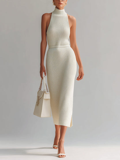 Chic Elegant Beige Mock-Neck Sleeveless Tailored Waist Side Slit Ribbed Knit Midi Dress
