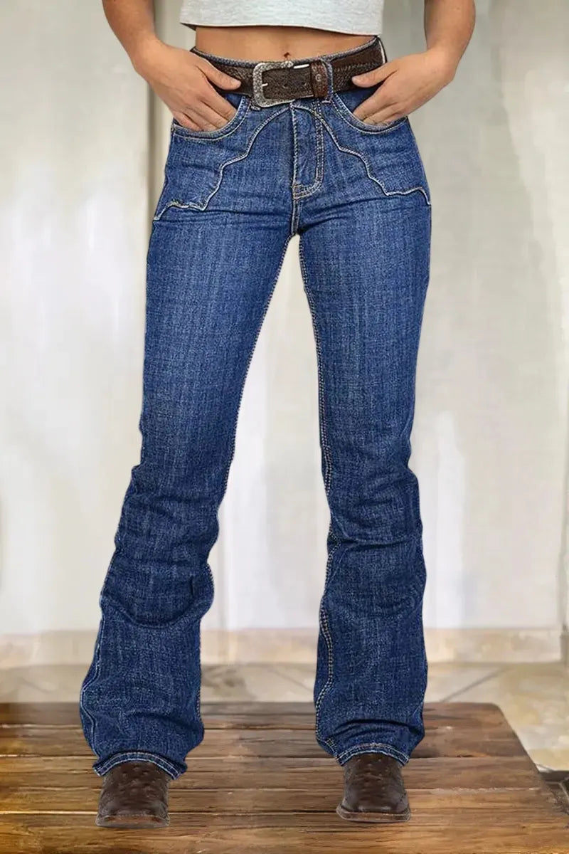 Stitch Detail High Waist Bootcut Jeans Without Belt