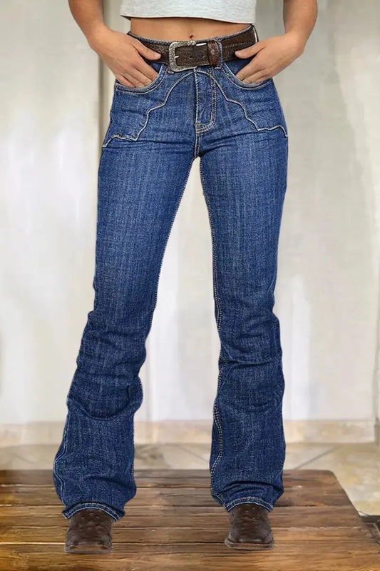 Stitch Detail High Waist Bootcut Jeans Without Belt