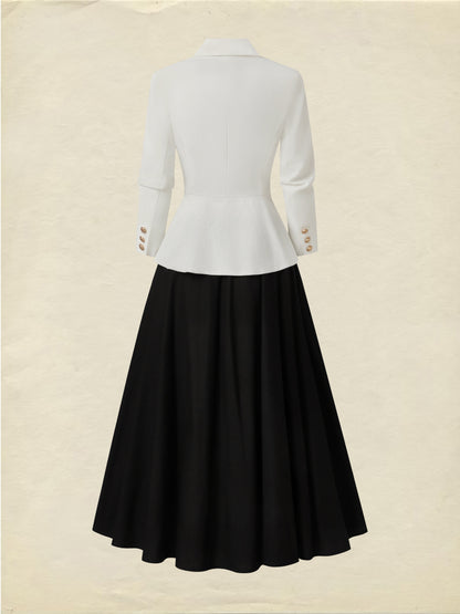 Ensemble jupe mi-longue en lin, manches longues, col à revers, uni, boutonnage, vintage, blanc