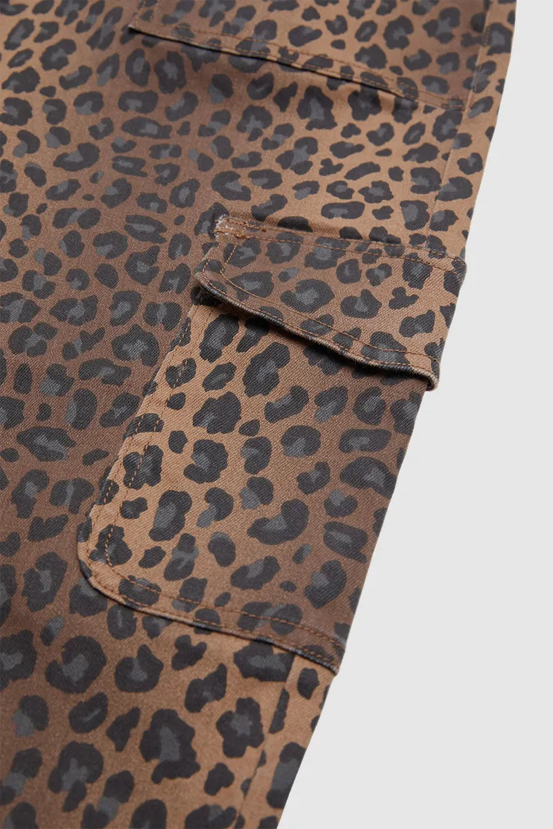 Leopard Print Flap Pocket High Waist Tapered Cargo Crop Pants Without Belt