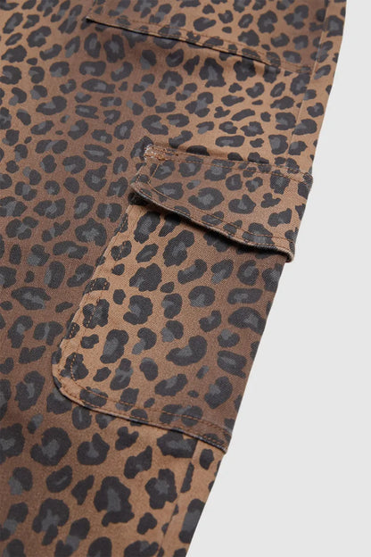 Leopard Print Flap Pocket High Waist Tapered Cargo Crop Pants Without Belt