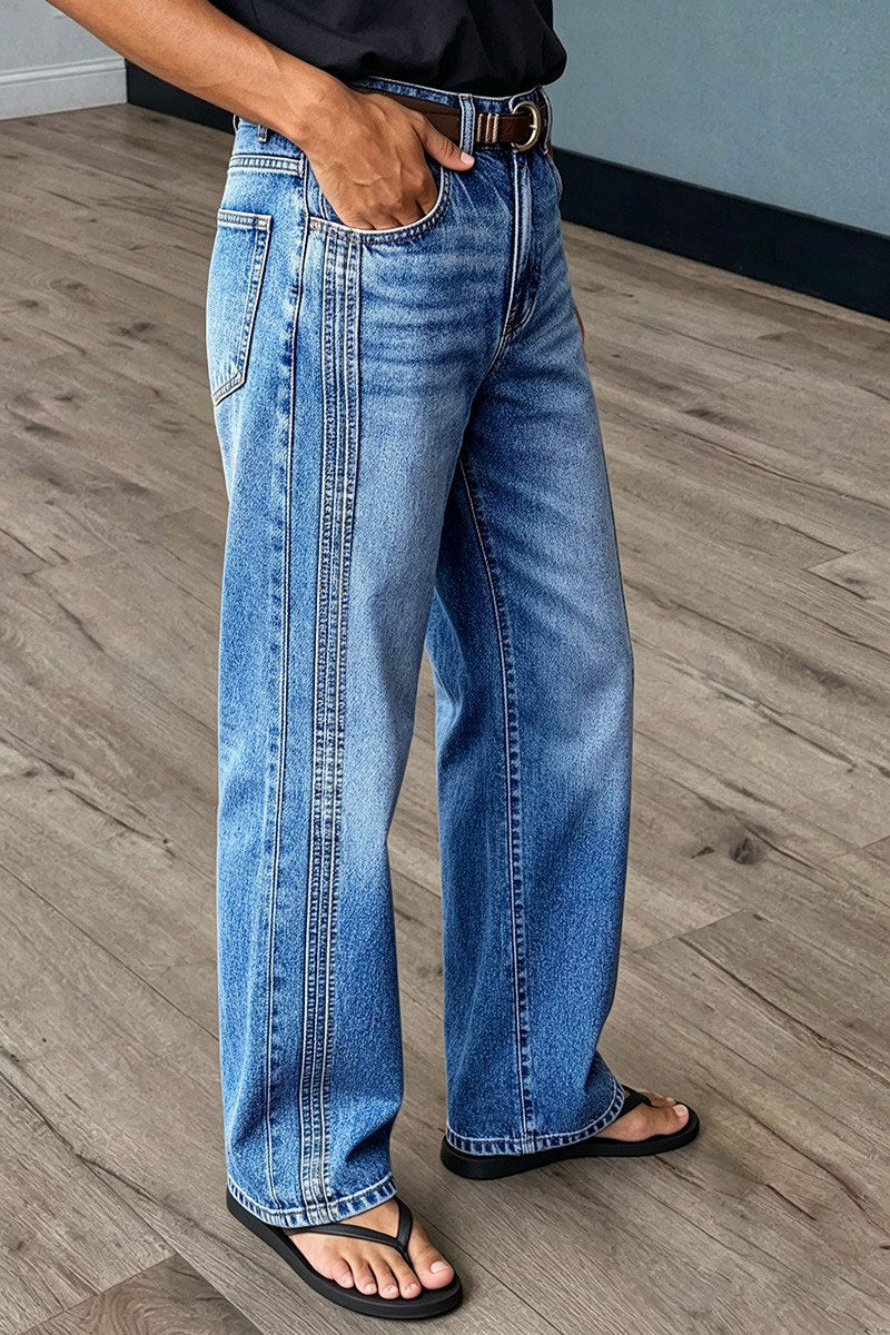 Wash Seam Front Mid Rise Straight Leg Jeans Without Belt