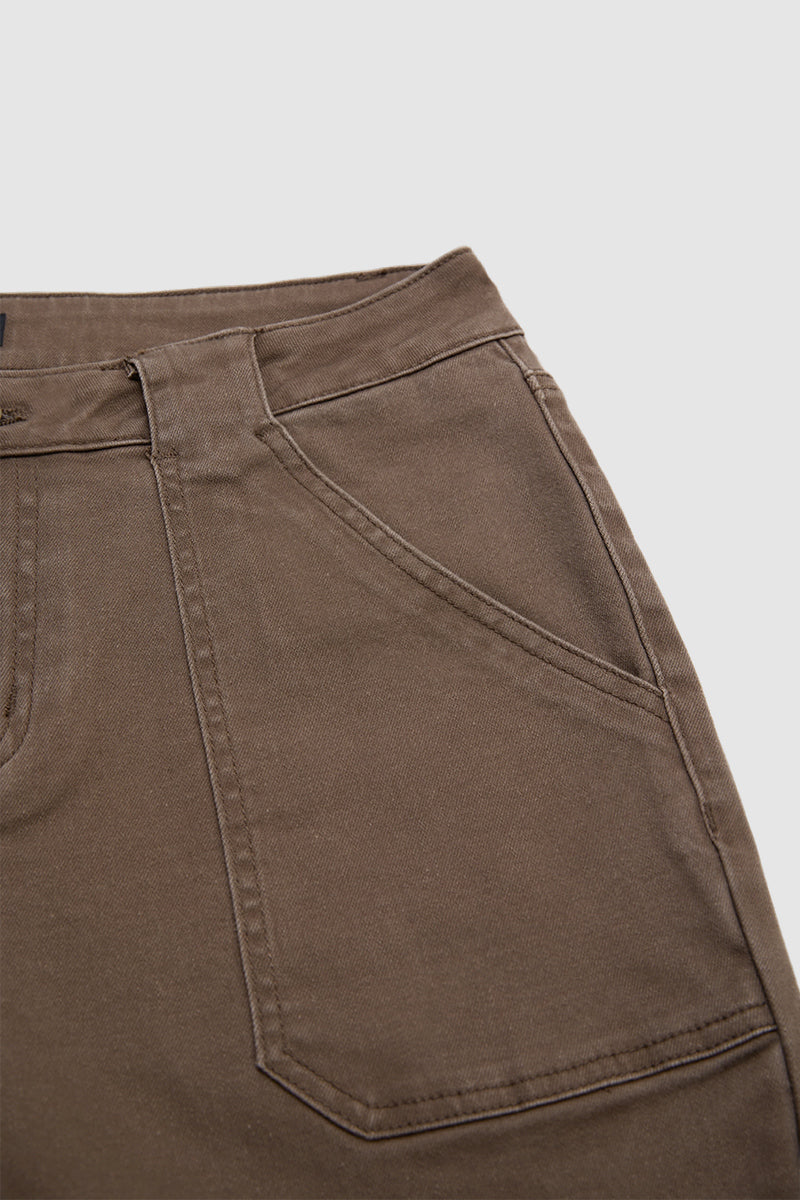 Solid Flap Pocket Mid Waist Straight Leg Pants