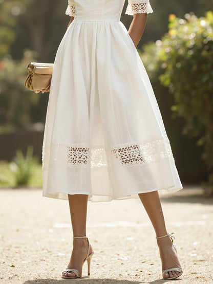 Robe Midi en Lin, Manches Courtes, Col V, Unie, Dentelle, Style Vintage Français, Blanche