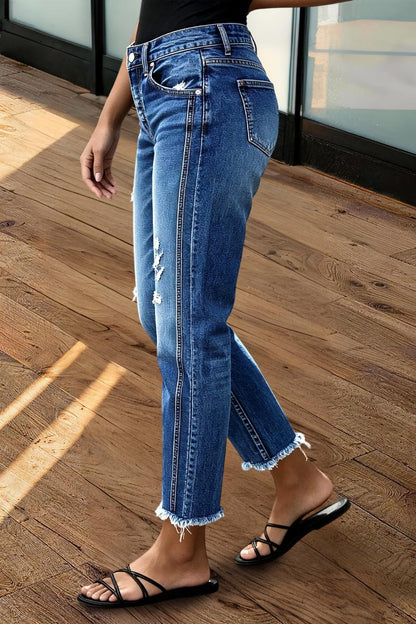 Raw Hem Ripped Mid Waist Straight Leg Crop Jeans