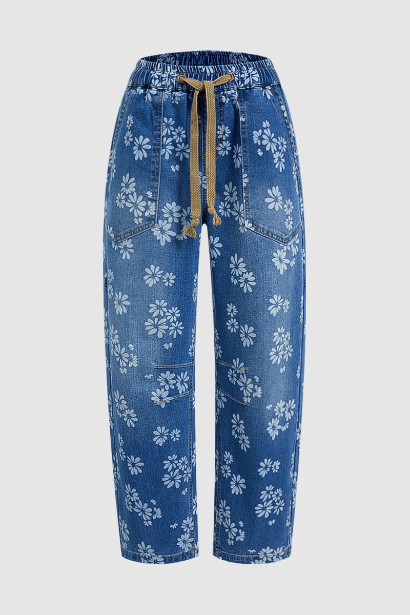 Floral Print Patch Pocket Drawstring Elastic Mid Rise Barrel Leg Crop Jeans