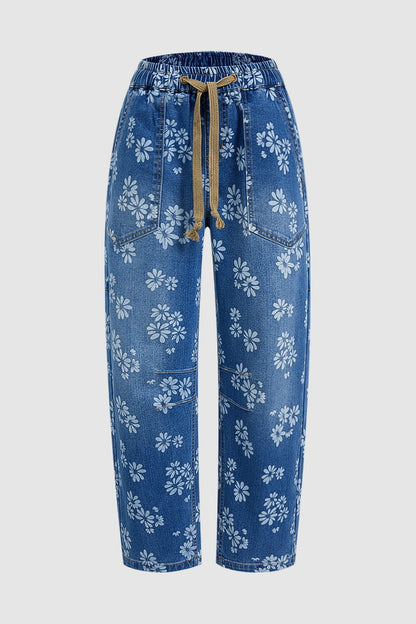 Floral Print Patch Pocket Drawstring Elastic Mid Rise Barrel Leg Crop Jeans