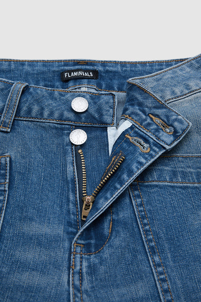 Wash Patch Pocket Dual Button Mid Rise Barrel Leg Crop Jeans
