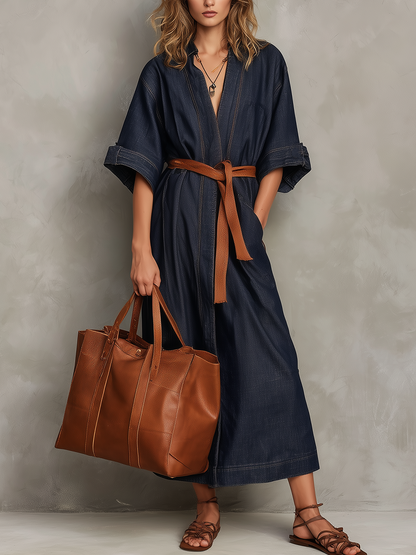 Robe longue en jean à col en V poli et à nouer à la taille