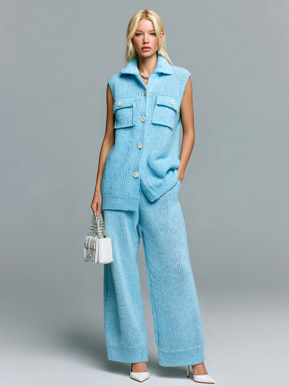 Chic Casual Blue Lapel Pocket Button Sleeveless Loose Ribbed Vest Wide-Leg Pants Knit Two-Piece Set
