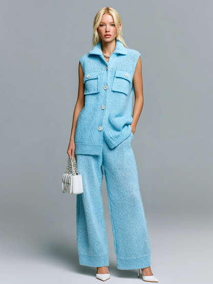 Chic Casual Blue Lapel Pocket Button Sleeveless Loose Ribbed Vest Wide-Leg Pants Knit Two-Piece Set