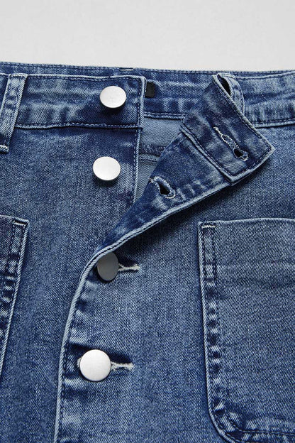 Wash Split Hem Button Up Midi Denim Skirt Without Belt