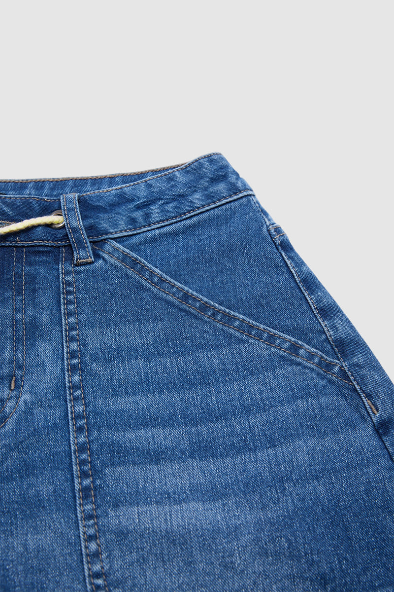 Wash Patch Pocket Drawstring High Rise Denim Shorts