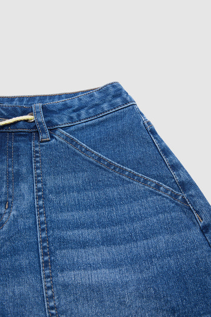 Wash Patch Pocket Drawstring High Rise Denim Shorts