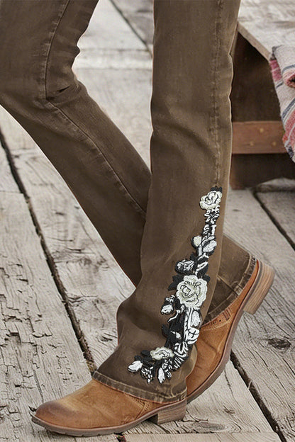 Washed Floral Embroidery Stretchy Mid Waist Bootcut Jeans