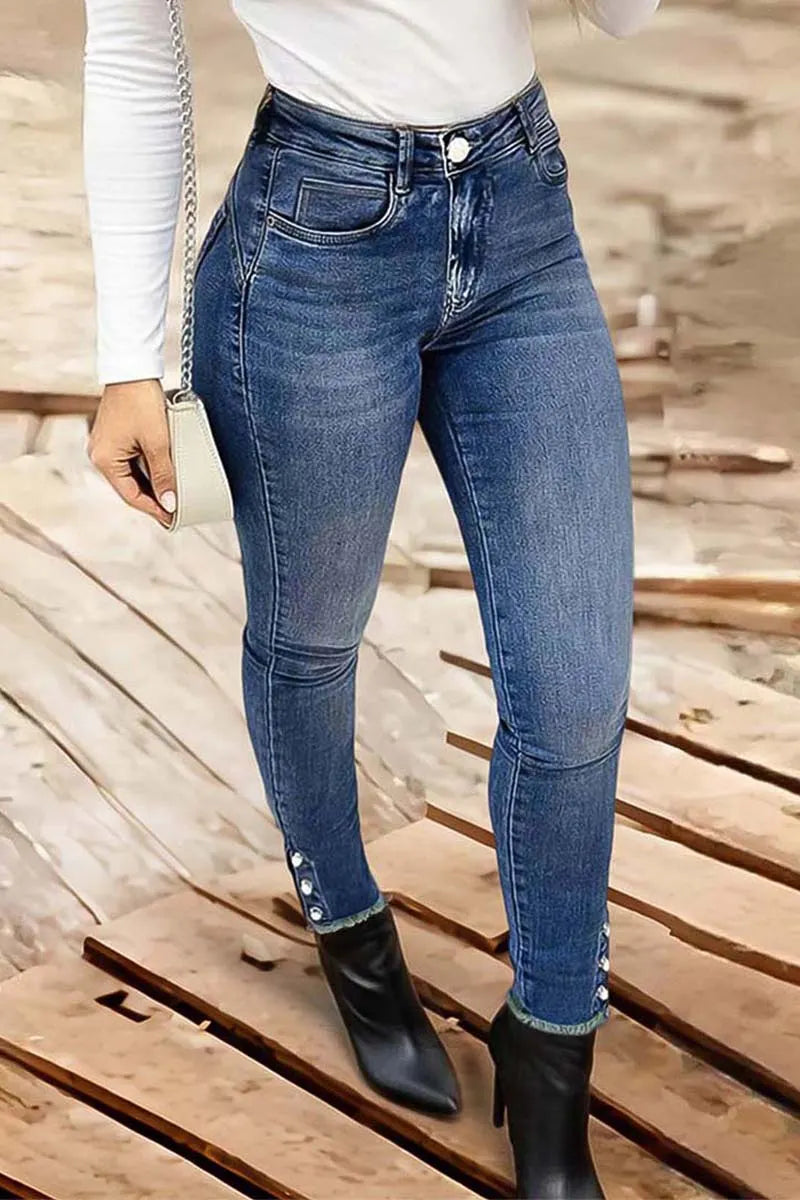 Pearl Button Side Raw Hem High Waist Skinny Jeans