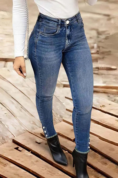 Pearl Button Side Raw Hem High Waist Skinny Jeans