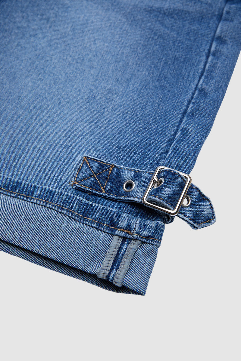 Wash Buckle Decor Roll Hem Mid Waist Denim Bermuda Shorts
