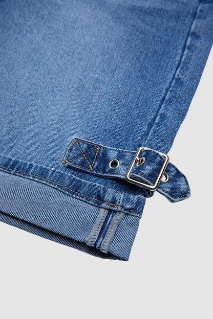 Wash Buckle Decor Roll Hem Mid Waist Denim Bermuda Shorts