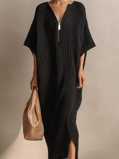 Chic Elegant Black Zipper-Up V-Neck Short-Sleeve Oversized Side-Slit Knit Maxi Dress