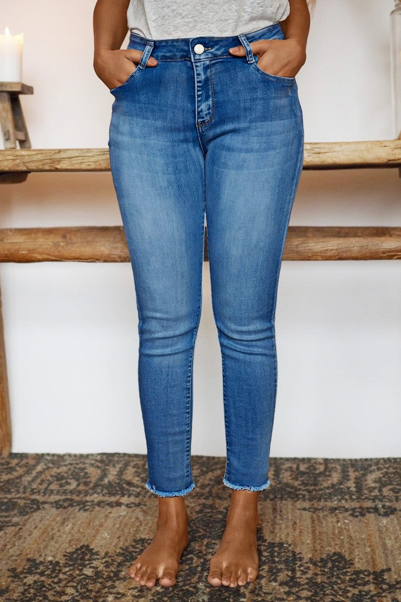 Raw Hem Cut Out Bow Tie Mid Waist Crop Skinny Jeans