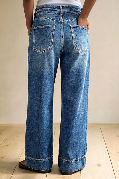 Wash Tie Belt Stitch Detail Mid Waist Wide Leg Jeans