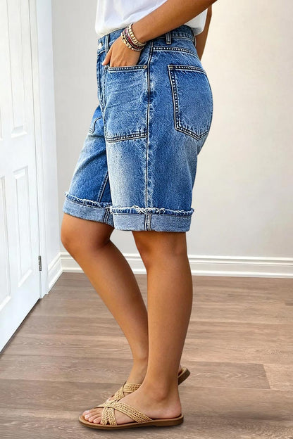 Wash Roll Hem Patch Pocket High Rise Denim Bermuda Shorts