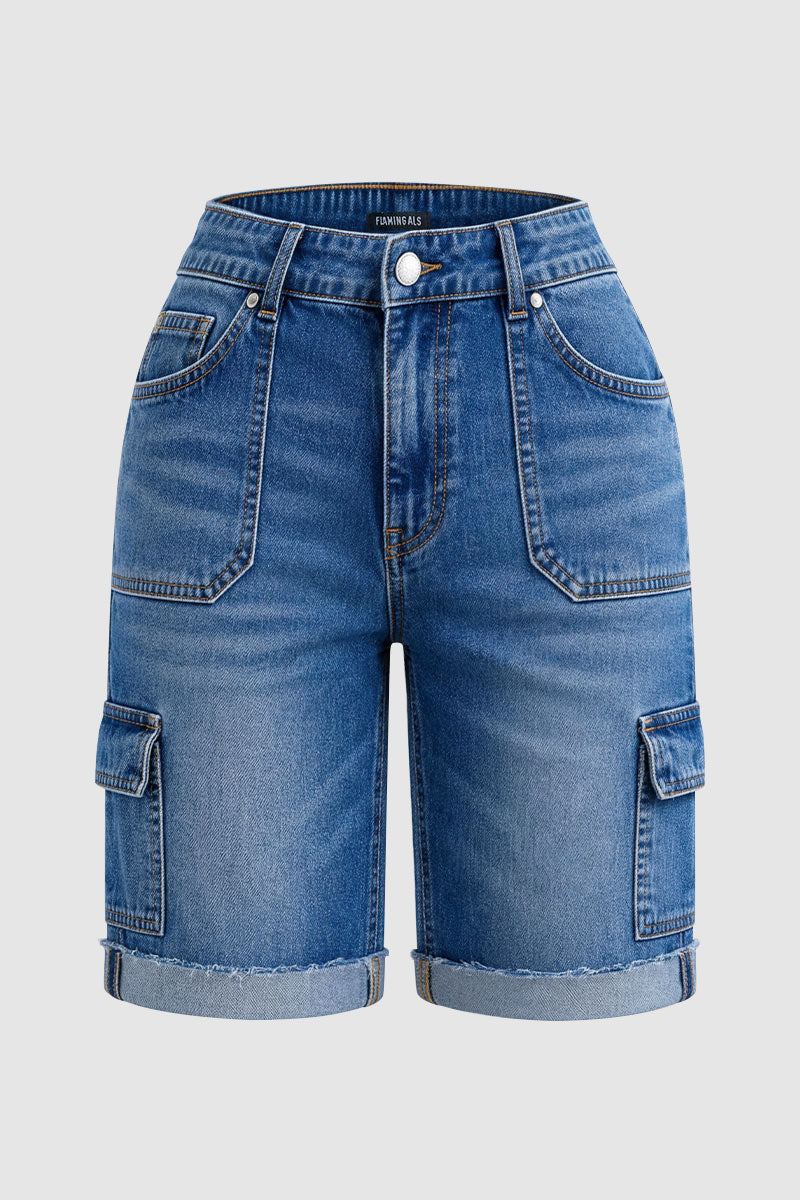 Wash Raw Hem Flap Pocket Mid Waist Denim Bermuda Shorts Without Belt