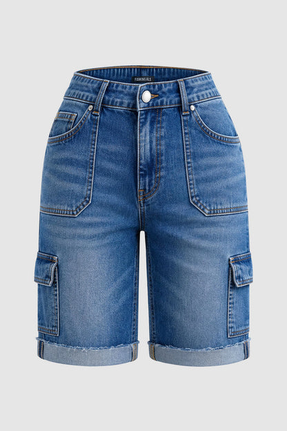 Wash Raw Hem Flap Pocket Mid Waist Denim Bermuda Shorts Without Belt