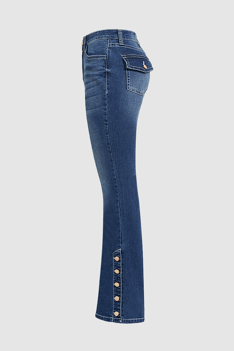 Wash Mid Waist Buttoned Hem Bootcut Jeans Without Belt