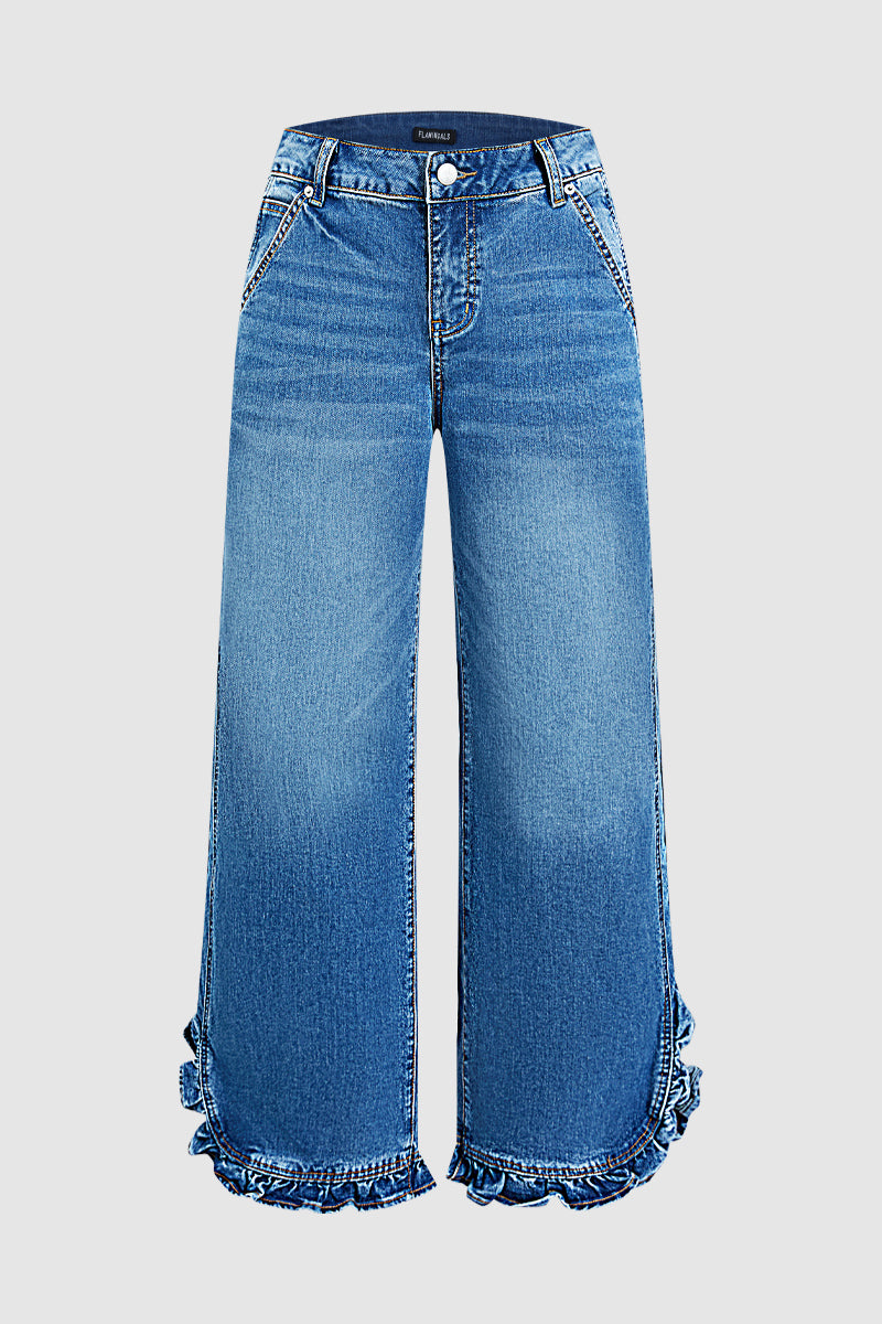 Wash Ruffle Trim Split Hem Mid Rise Wide Leg Jeans