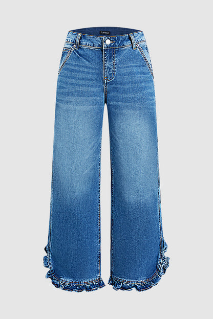 Wash Ruffle Trim Split Hem Mid Rise Wide Leg Jeans