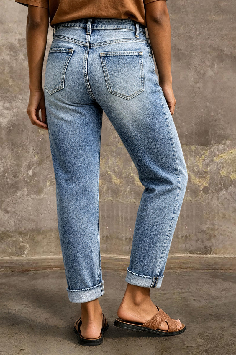 Wash Ripped Roll Hem Mid Rise Straight Leg Crop Jeans
